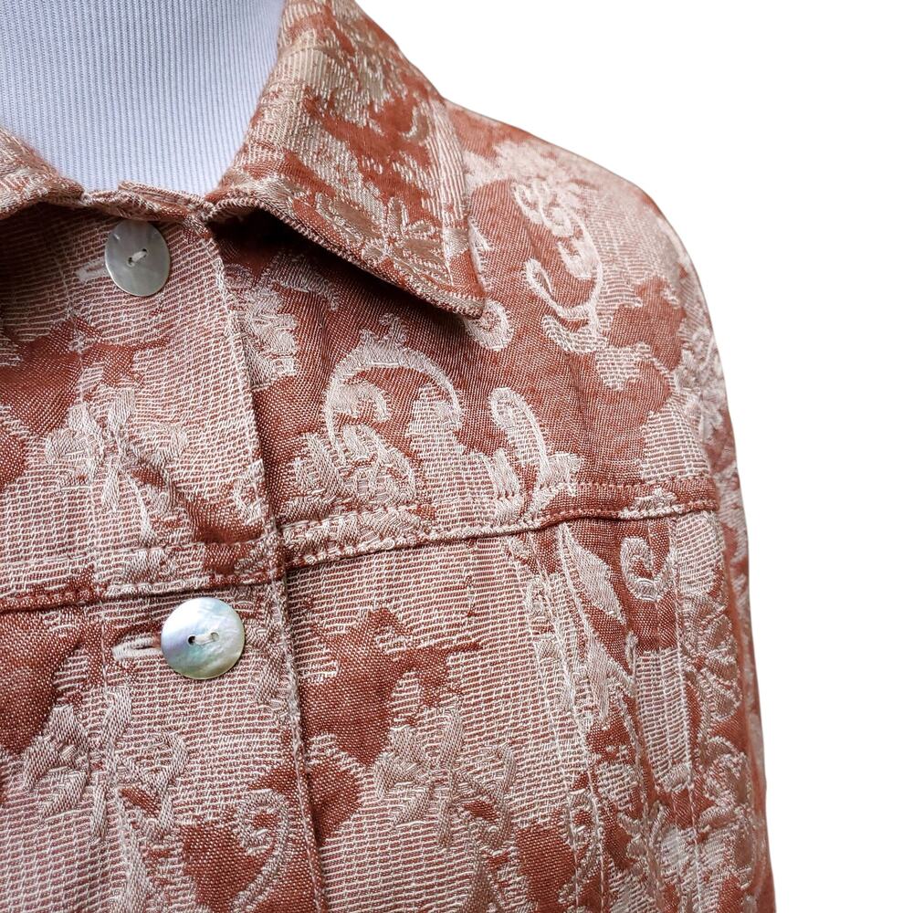 Chico's Sz 2 Red Tan Floral Damask Tapestry Jacket Pockets Collar Chicos Sz L 12 - Picture 4 of 14